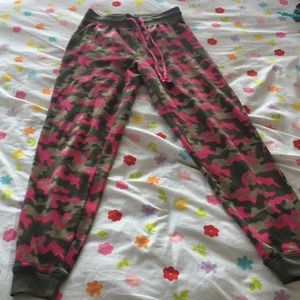 Pink and green camo pajama bottoms